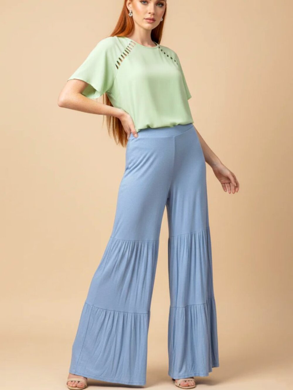 Powder Blue Boho Wide Leg Pants Tiered Palazzo Lounge Pants Flowy Resort Wear